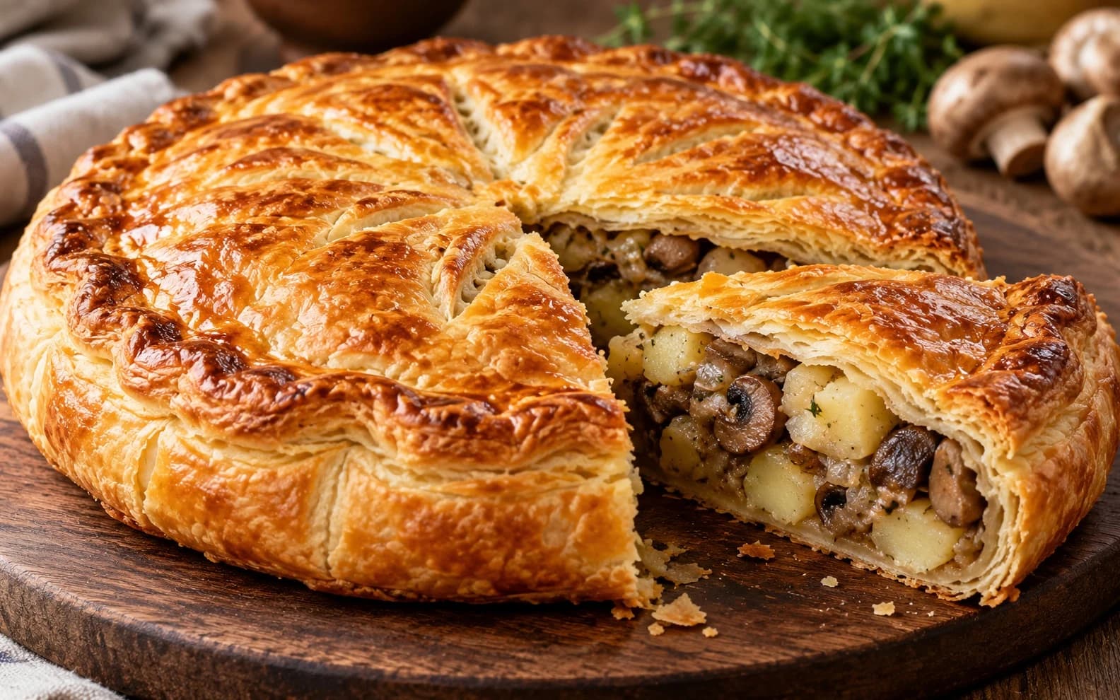 Закрытый слоёный пирог с картофелем и грибами