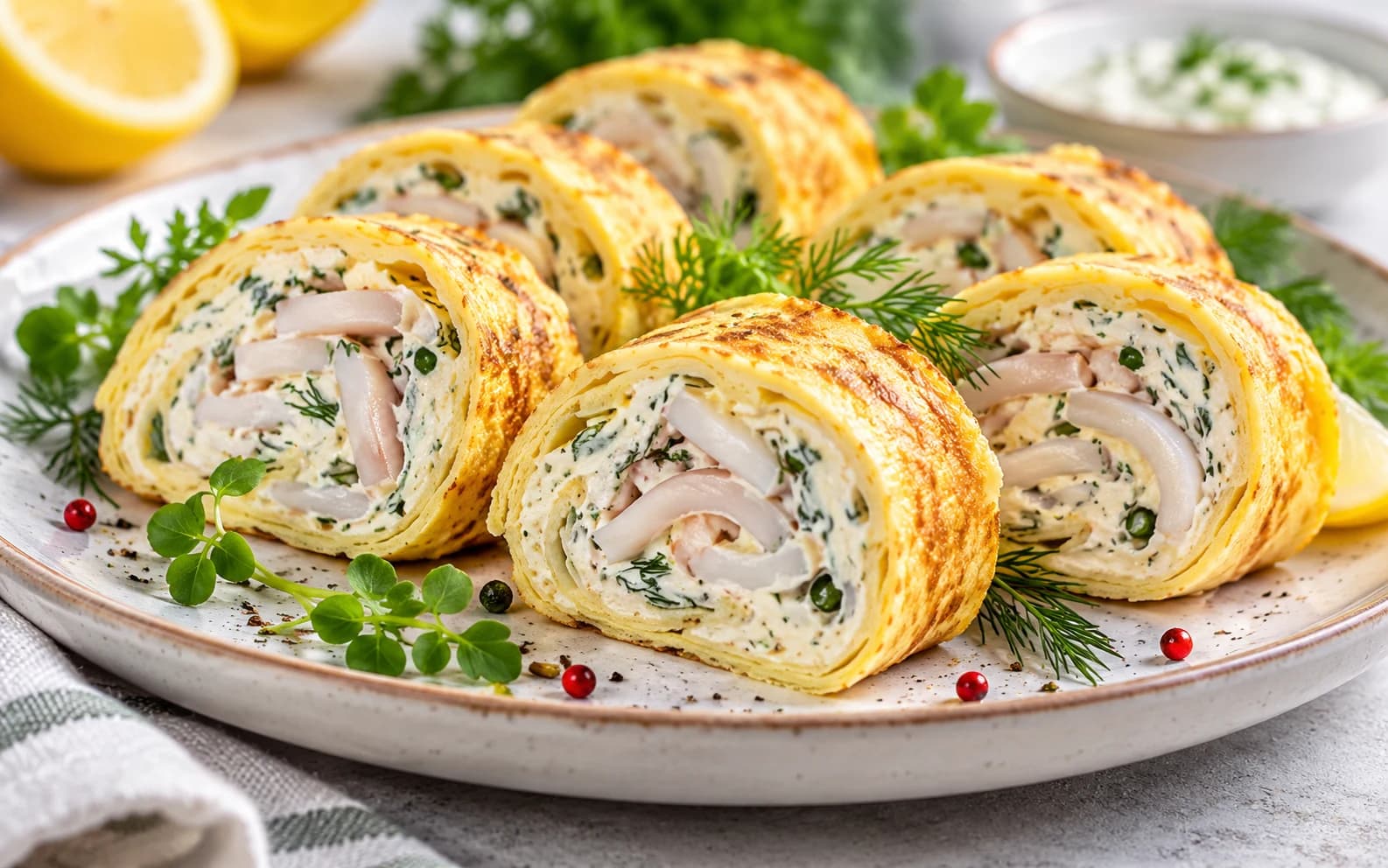 Рулетики из омлета с кальмаром и творожным сыром