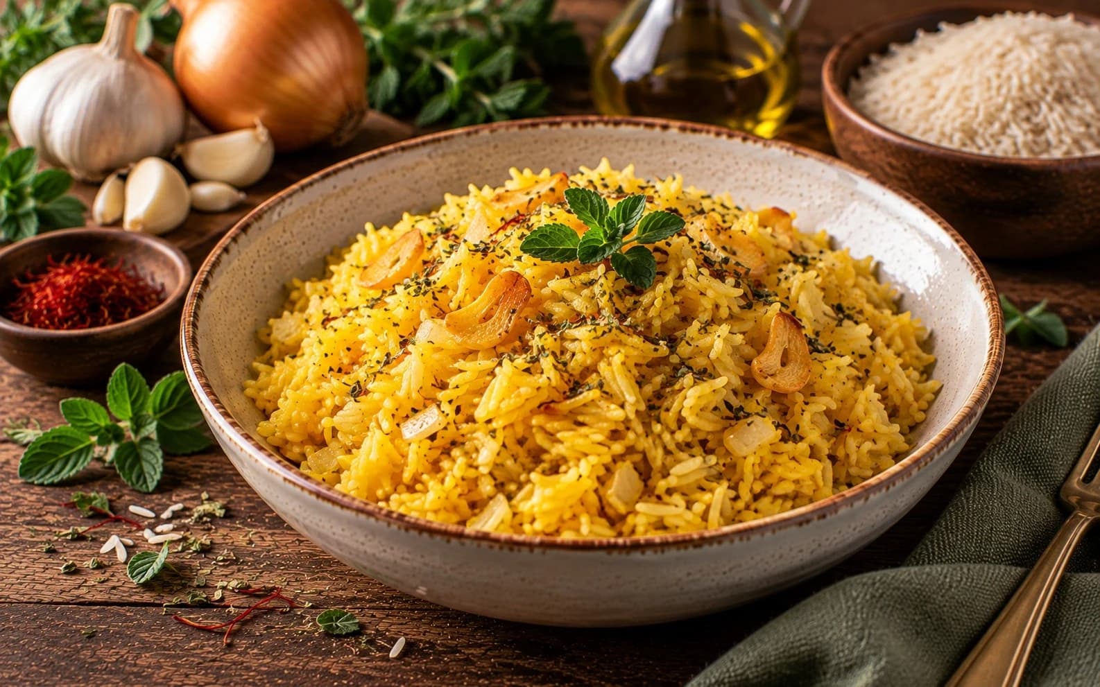 Шафрановый рис с чесноком и орегано