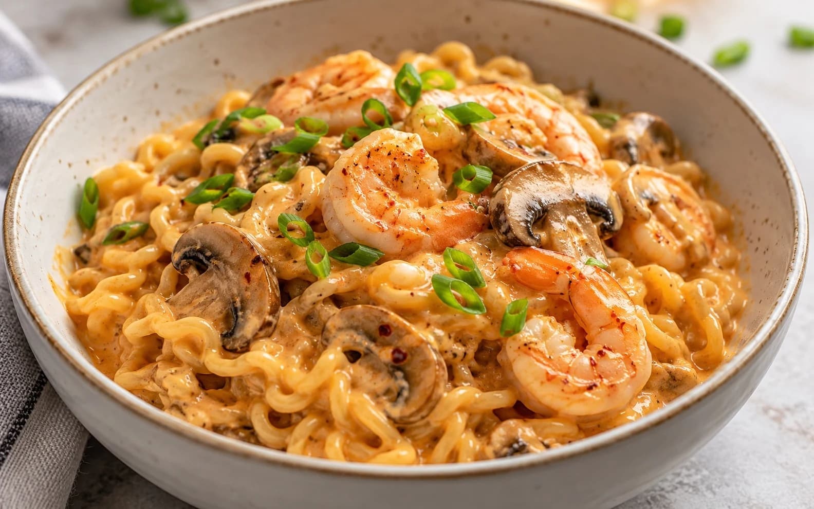 Buldak Carbonara с креветками и шампиньонами