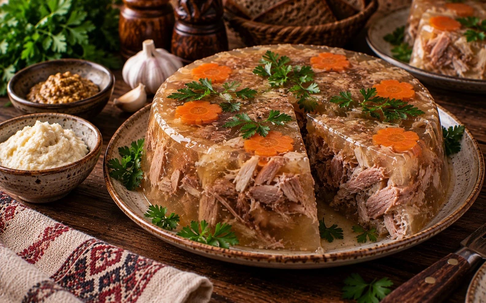Свиной холодец с чесноком и хреном