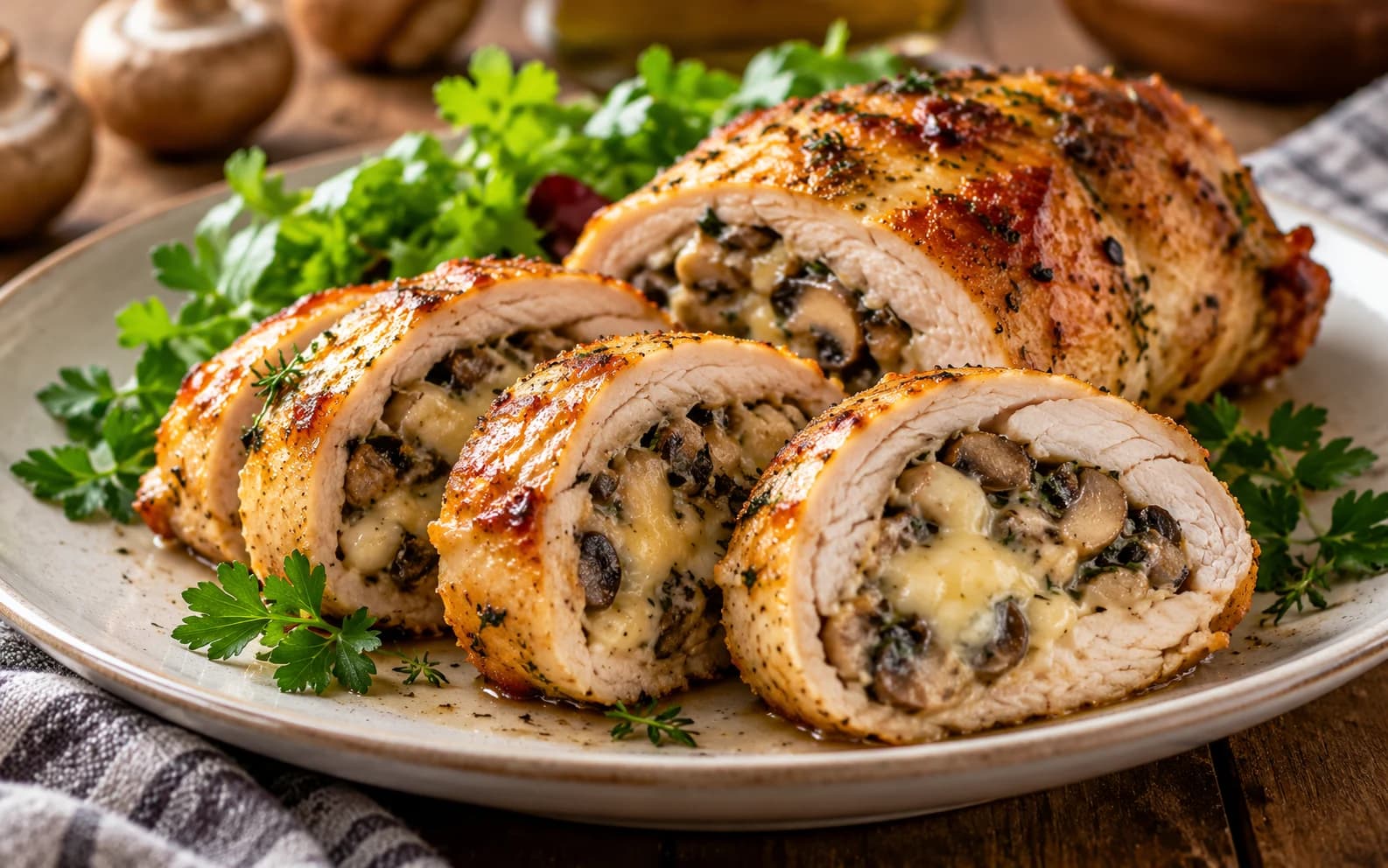 Куриный рулет с грибами и сыром