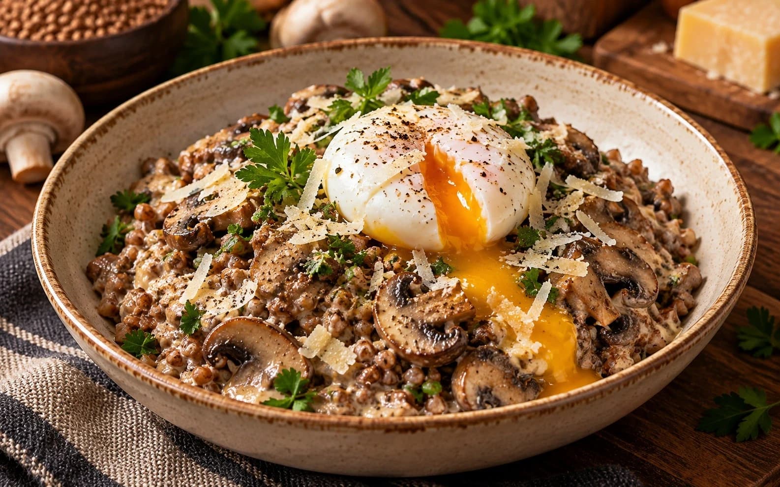 Гречка с грибным кремом и яйцом пашот
