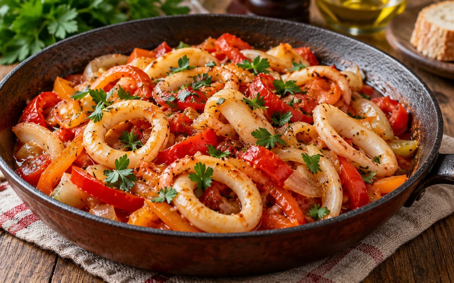 Кальмары, тушёные с овощами
