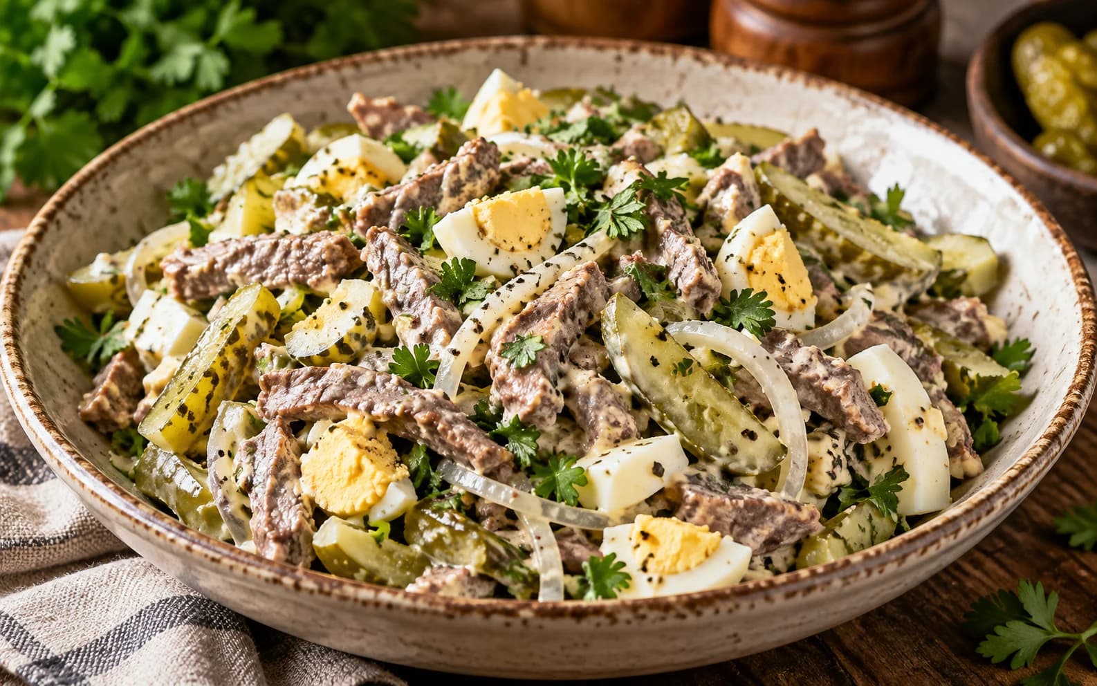 Салат с говядиной и солёными огурцами