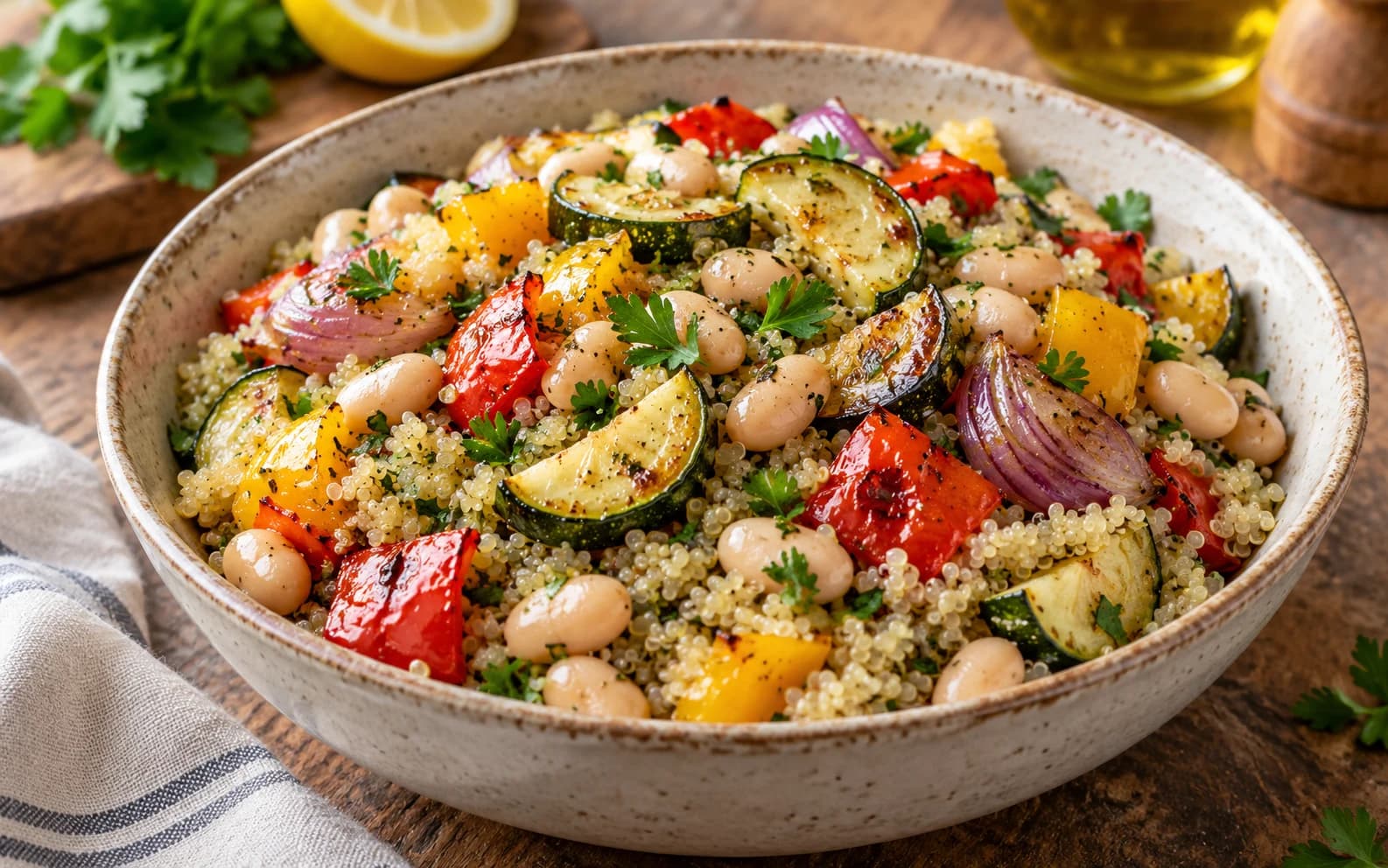 Салат с киноа, белой фасолью и овощами