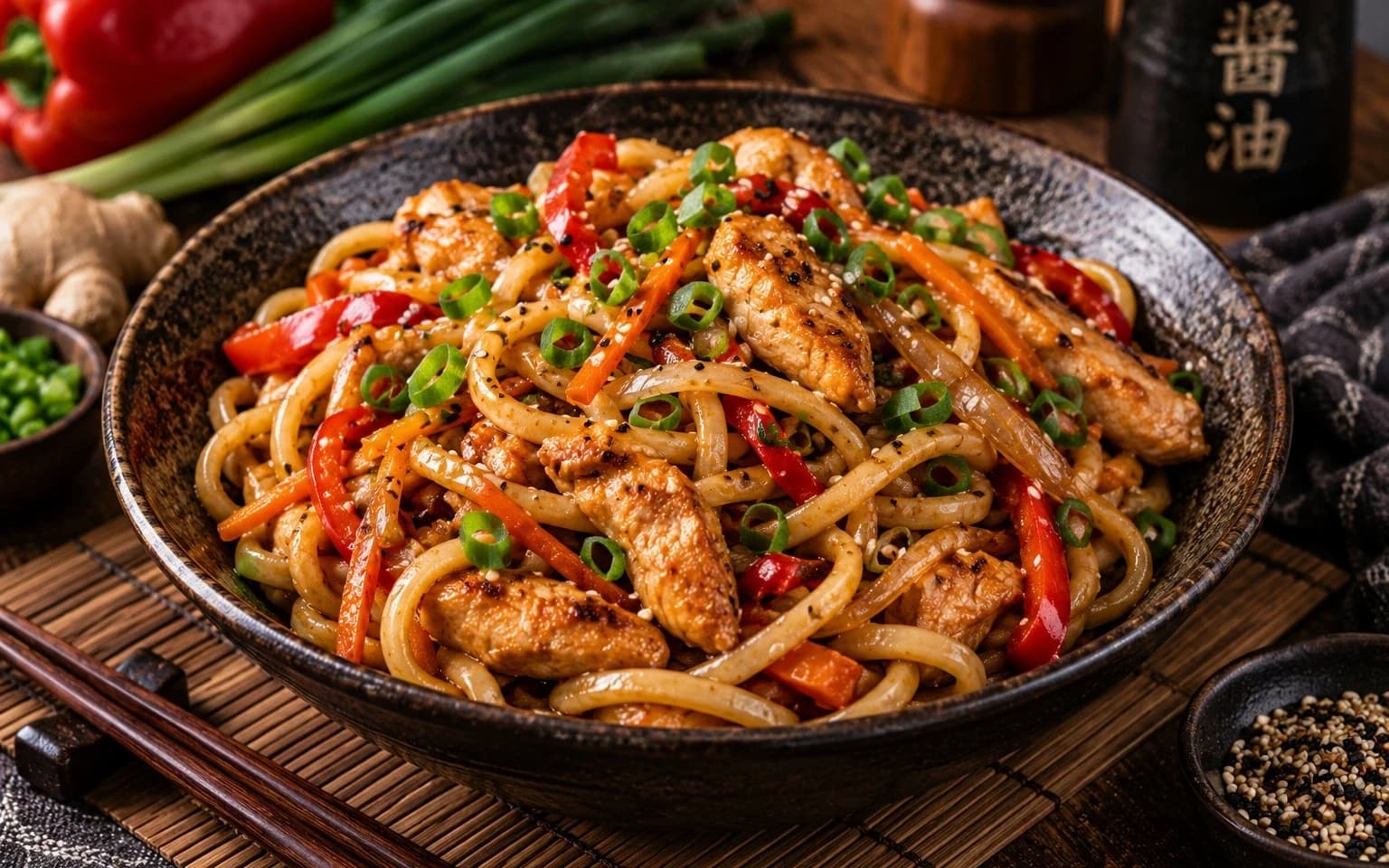 Удон с курицей и овощами
