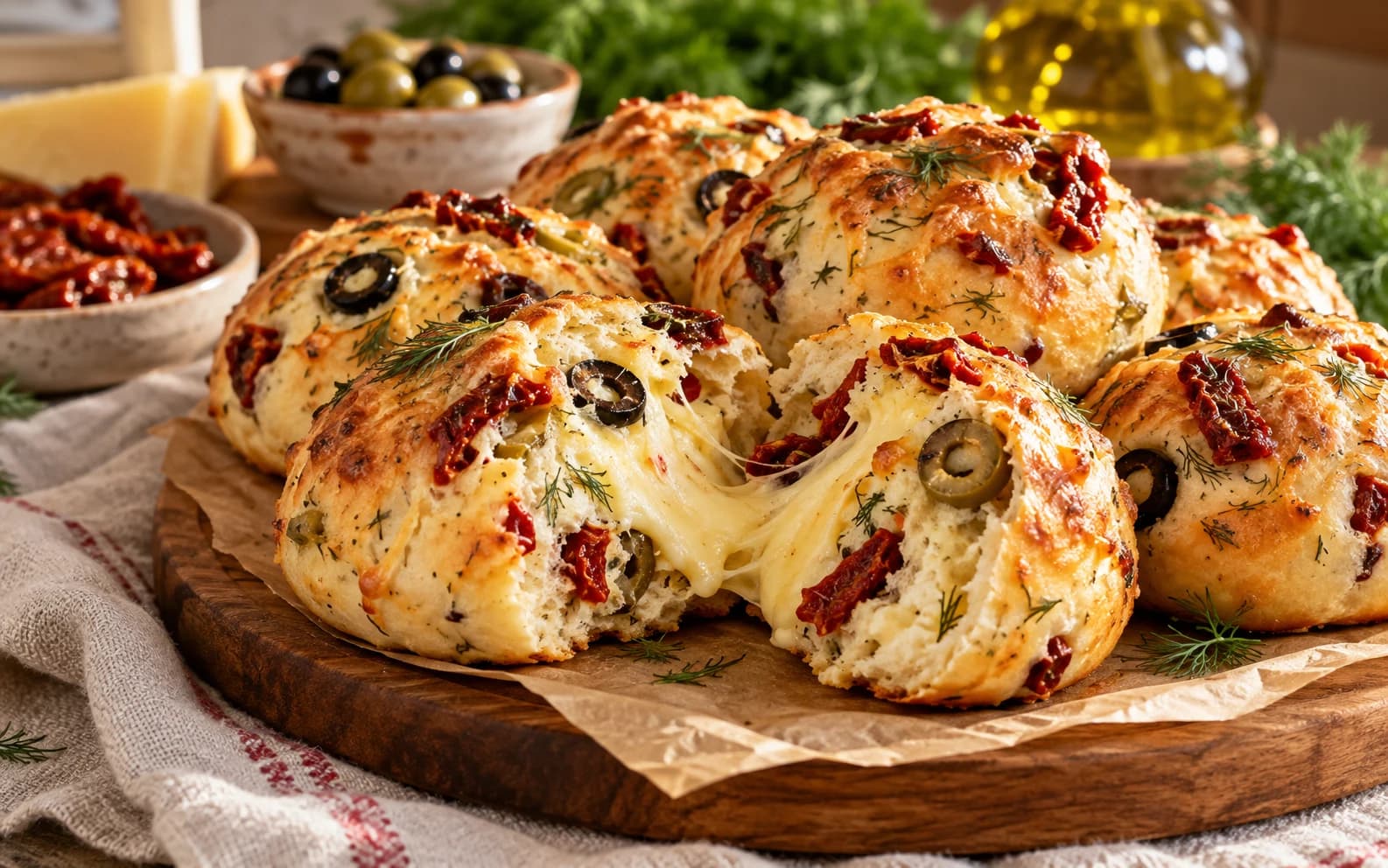 Творожные булочки с вялеными томатами, оливками и сыром
