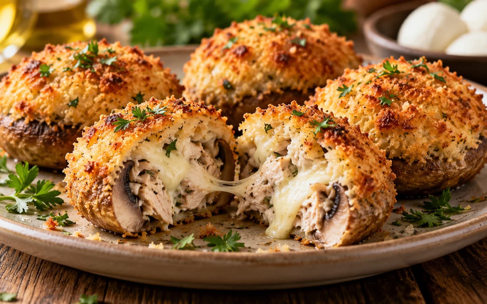 Хрустящие фаршированные шампиньоны с курицей и моцареллой