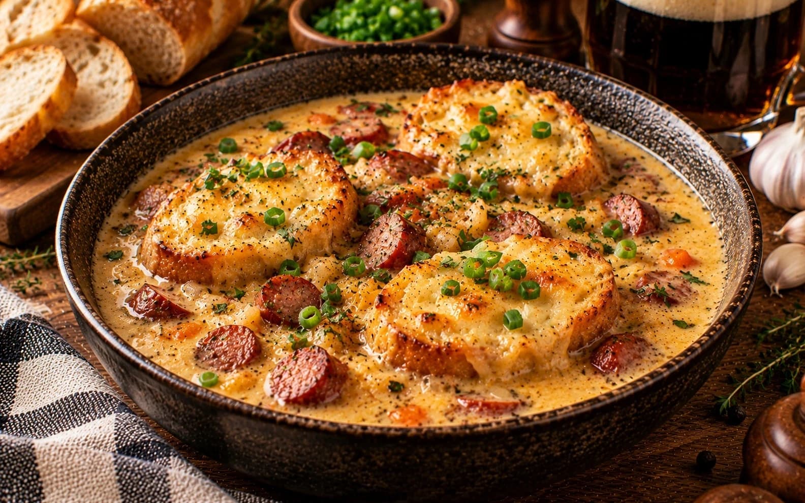 Пивной суп с чесночными гренками