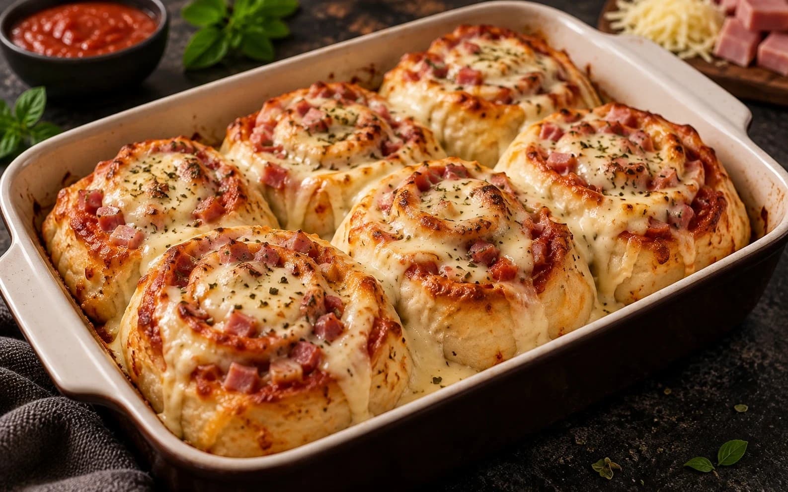 Пиццабоны с ветчиной и сырным соусом