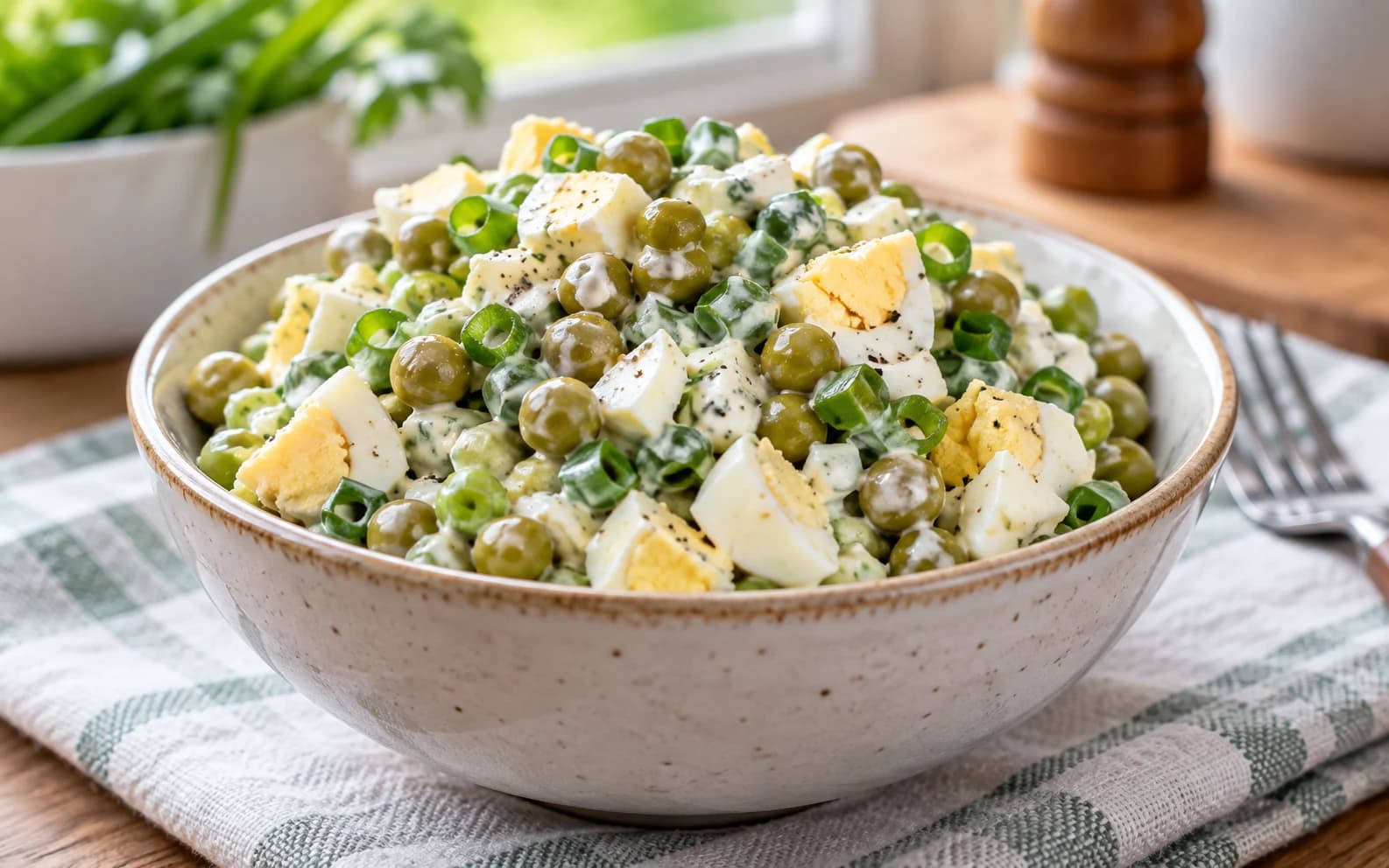 Салат с зелёным горошком и яйцом