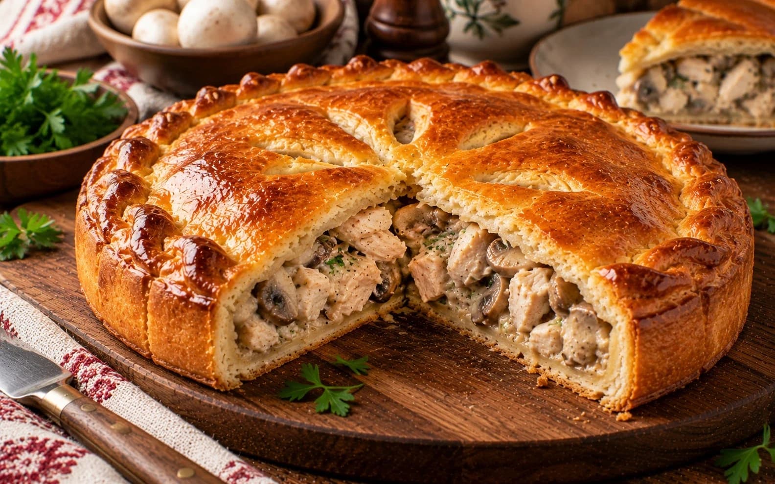 Обломовский пирог с цыплёнком и грибами
