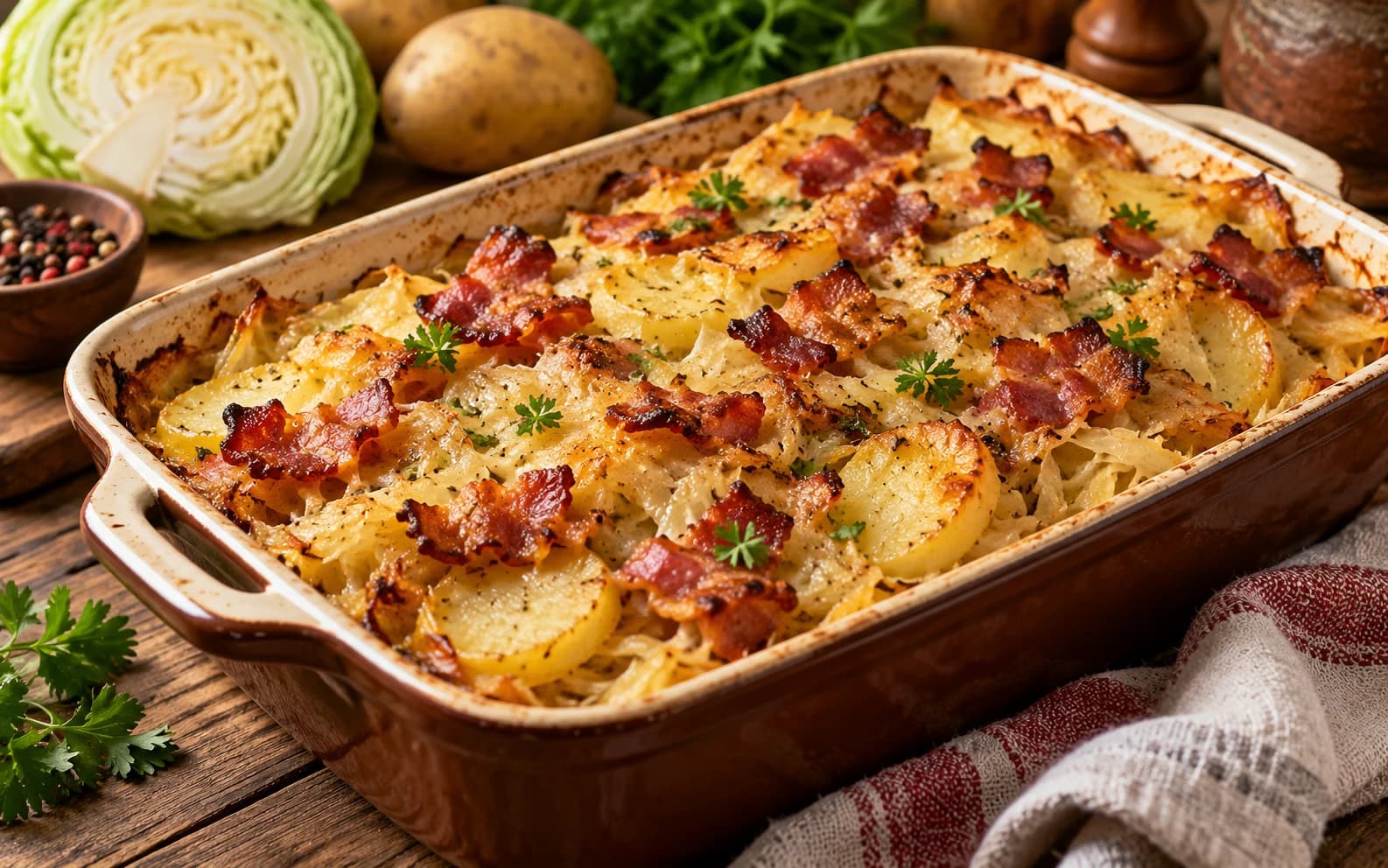 Польская запеканка с капустой, картофелем и беконом