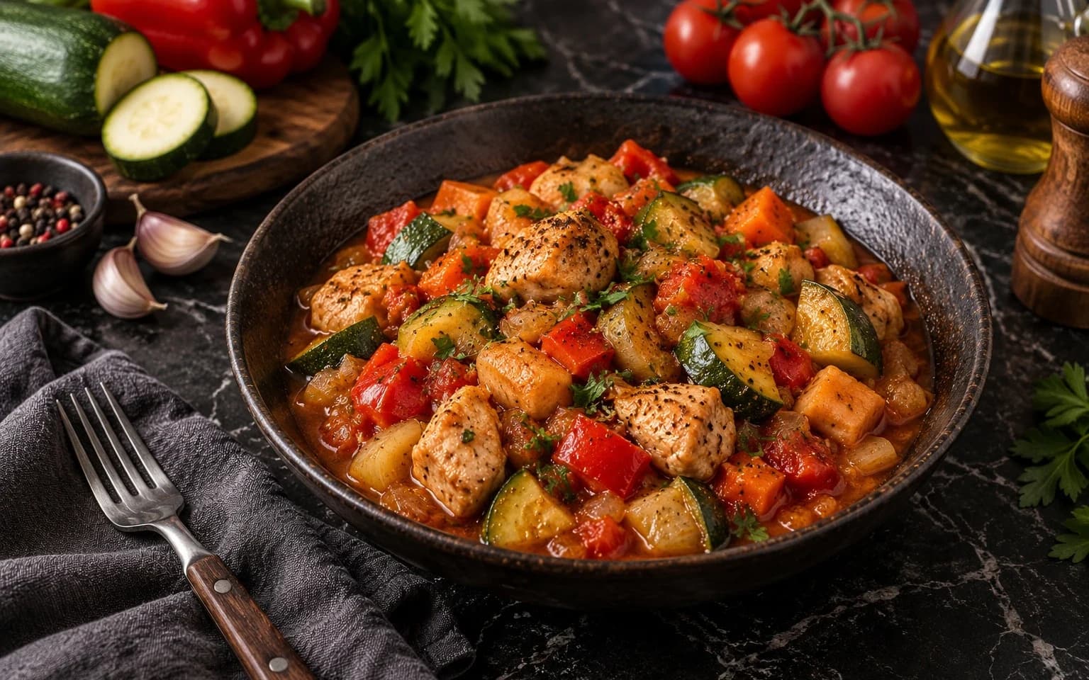 Овощное рагу с курицей и кабачками