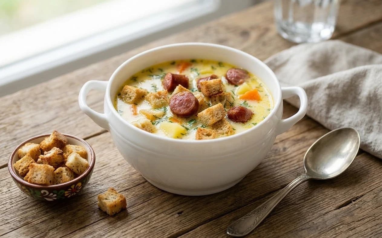 Сырный суп-пюре с копчеными колбасками