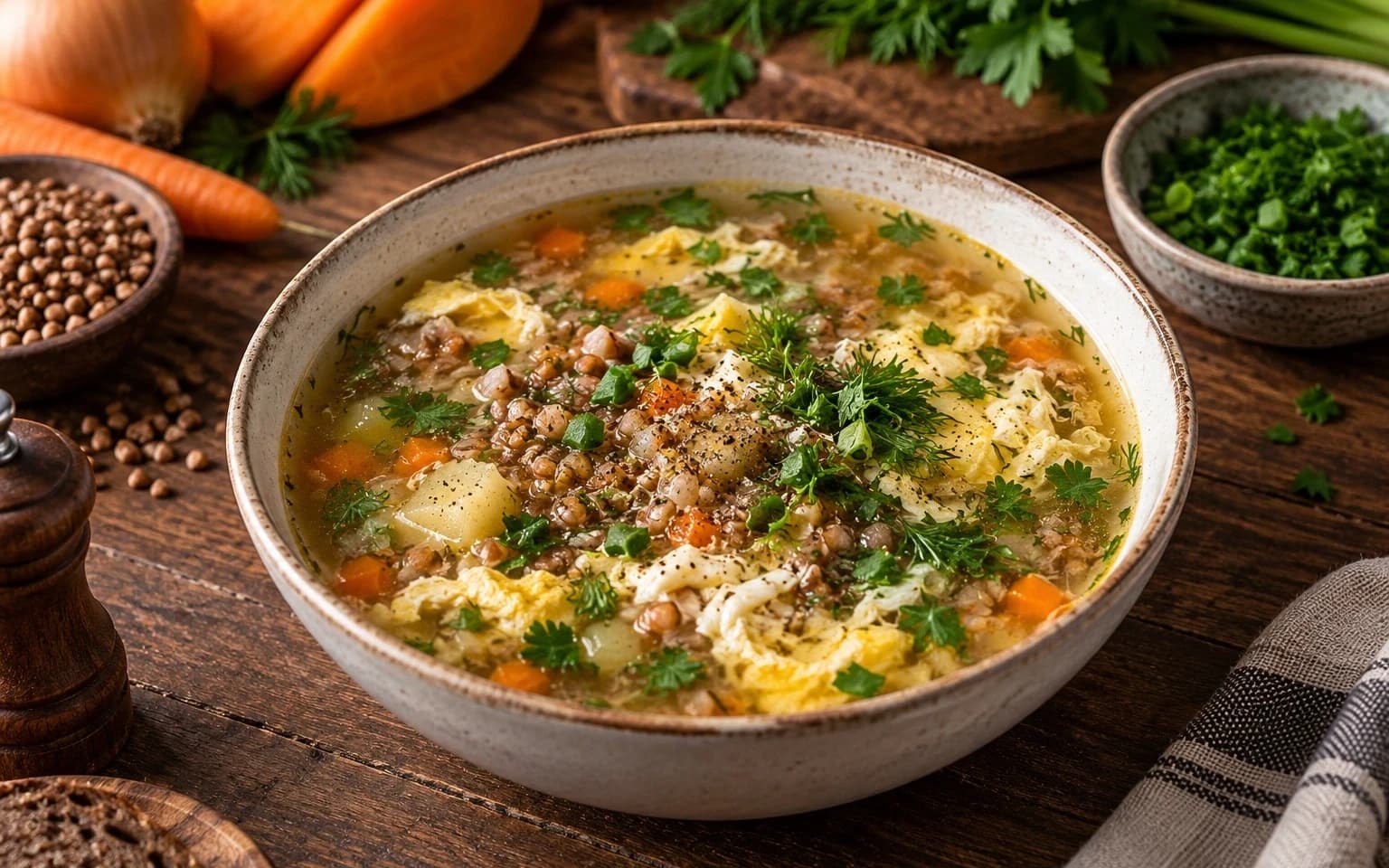 Гречневый суп с яйцом и зеленью