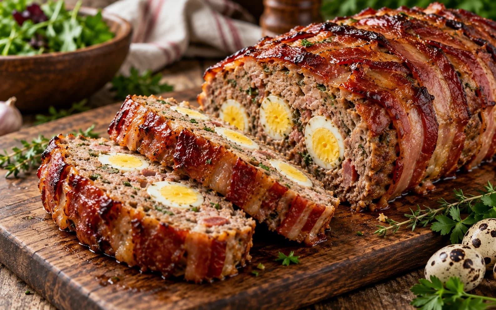 Мясной рулет Мукоды с перепелиными яйцами и беконом