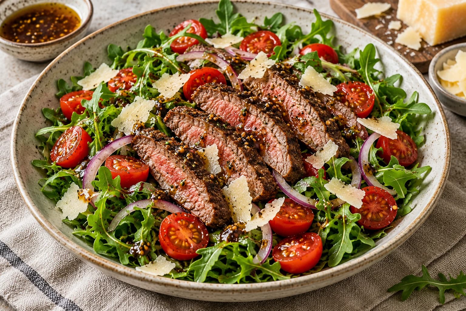 Тёплый салат с говядиной и рукколой