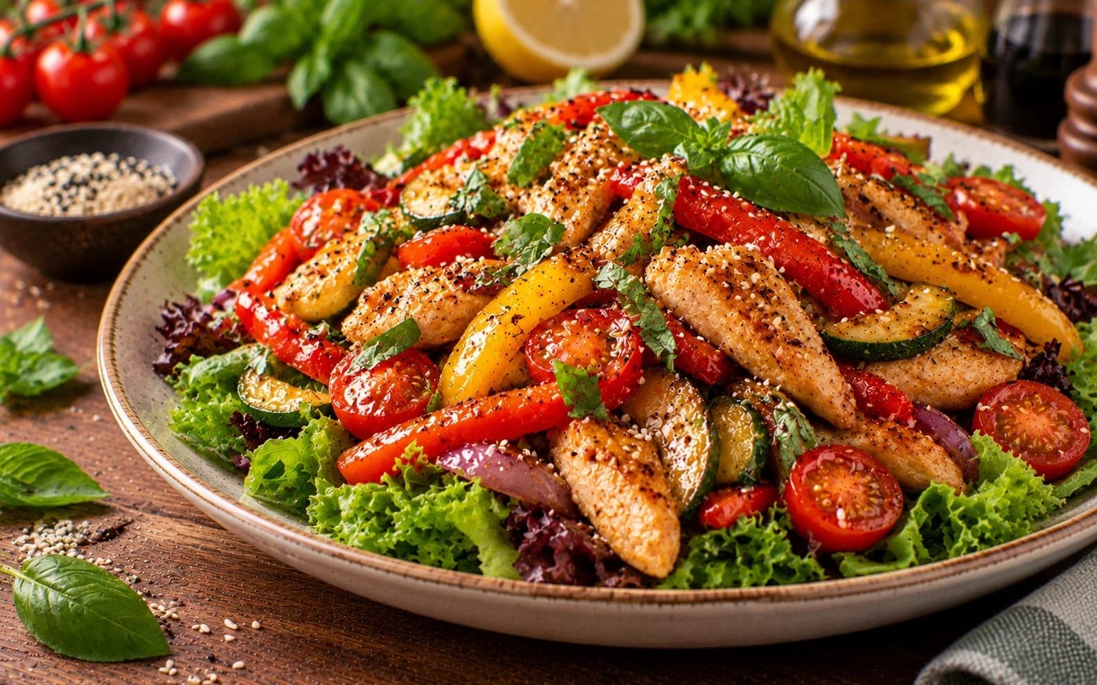 Тёплый салат с курицей и овощами
