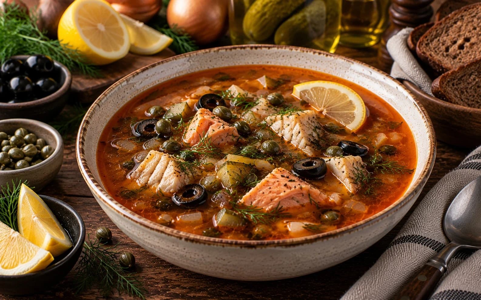 Солянка рыбная с лимоном и каперсами