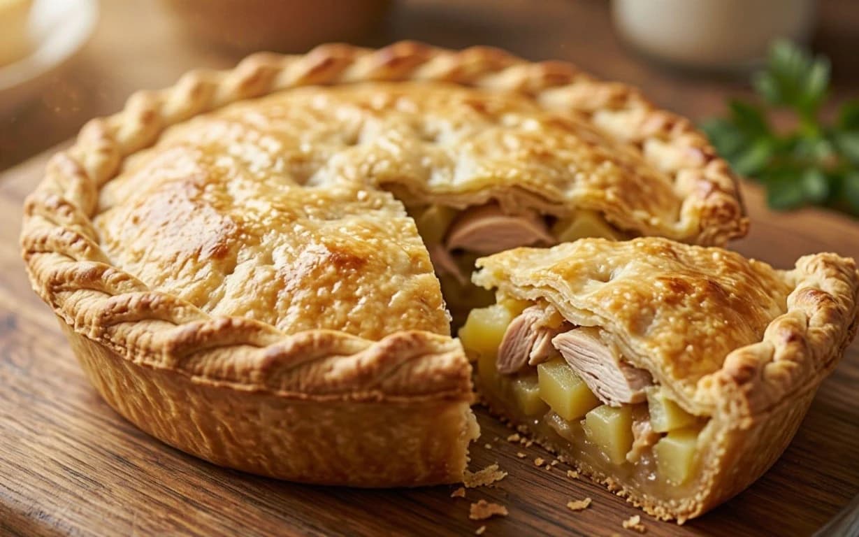 Пирог из слоёного теста с курицей и картофелем