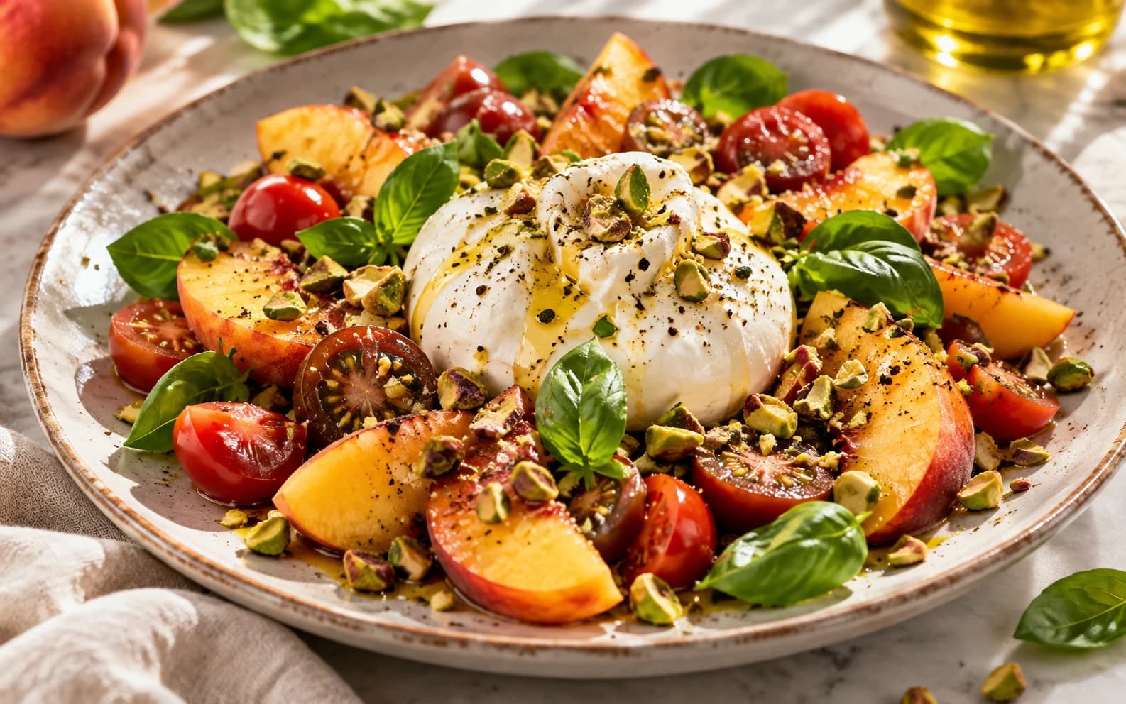 Капрезе с бурратой и персиками